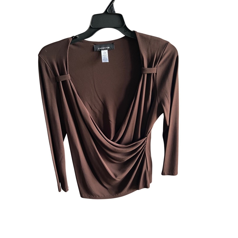 Jones New York Brown Draped Surplice V-Neck 3/4 Sleeve Blouse Top Large RN 54050